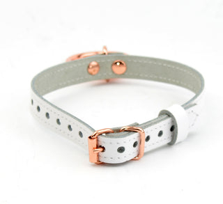 White Leather Amare Collar with Rose Gold Ring & Love Heart Padlock Pendant