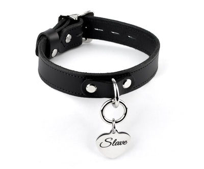 Black Leather Collar with Silver Custom Engraved Love Heart Pendant