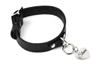 Black Leather Collar with Silver Custom Engraved Love Heart Pendant
