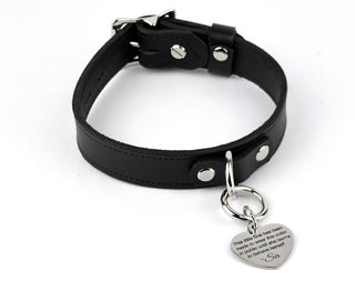 Black Leather Collar with Silver Custom Engraved Love Heart Pendant