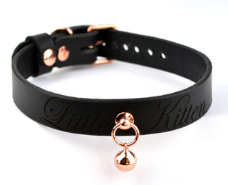 Custom Engraved Black Leather Aurum Collar with Kitten Bell – 'Little Kitten'