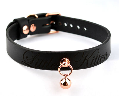 Custom Engraved Black Leather Aurum Collar with Kitten Bell – 'Little Kitten'
