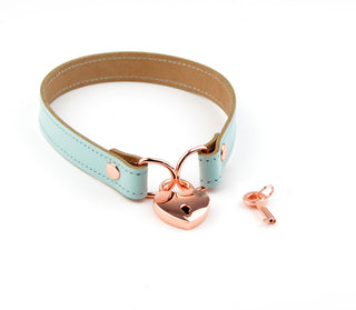 Aqua Adore Blue Leather Amare Day Collar with Rose Gold Love Heart Padlock
