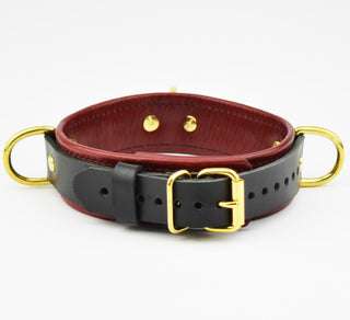 Scarlet Red & Gold Premium Three Ring Leather Bondage Collar - Graceful Edition