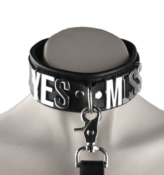 Custom Large Lettering Black Premium D-Ring Black Leather Bondage Collar – 'Yes Miss'