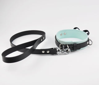 Aqua Adore Blue Leather Bow Premium BDSM Collar & Leash with Custom Engraved Silver Pendant