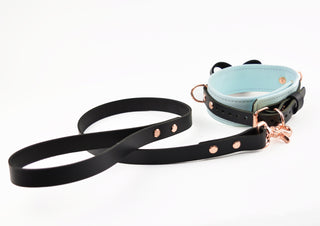 Premium Aqua Adore BDSM Leather Bow Collar With Custom Engraved Rose Gold Pendant and Leash
