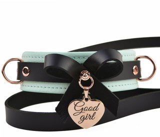Premium Aqua Adore BDSM Leather Bow Collar With Custom Engraved Rose Gold Pendant and Leash