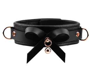Premium BDSM Black Leather Bow Collar with Rose Gold Kitten Bell and Leash