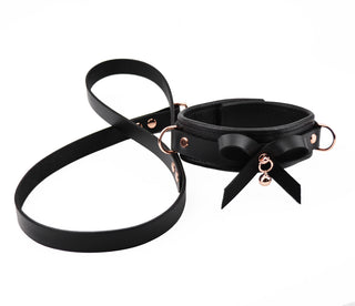 Premium BDSM Black Leather Bow Collar with Rose Gold Kitten Bell and Leash