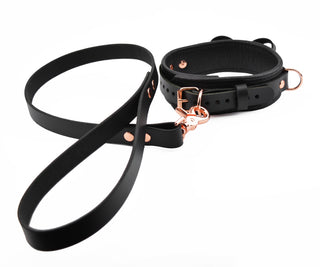 Premium BDSM Black Leather Bow Collar With Custom Engraved Rose Gold Pendant and Leash