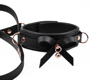 Premium BDSM Black Leather Bow Collar with Rose Gold Kitten Bell and Leash