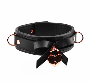 Premium BDSM Black Leather Bow Collar with Rose Gold Love Heart Padlock and Leash