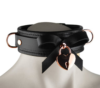 Premium BDSM Black Leather Bow Collar with Rose Gold Love Heart Padlock and Leash