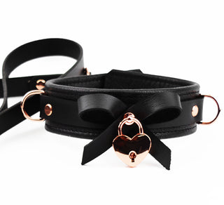 Premium BDSM Black Leather Bow Collar with Rose Gold Love Heart Padlock and Leash