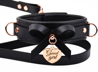 Premium BDSM Black Leather Bow Collar With Custom Engraved Rose Gold Pendant and Leash