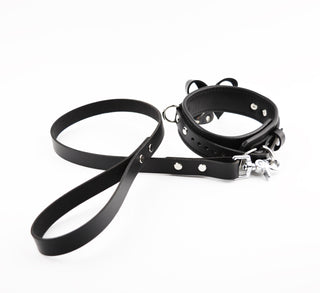 Black Premium Leather BDSM Bow Collar & Leash with Custom Engraved Silver Love Heart Pendant