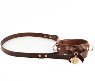 Premium Brown Leather Bow Collar & Leash with Custom Engraved Rose Gold Love Heart Pendant