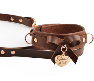 Premium Brown Leather Bow Collar & Leash with Custom Engraved Rose Gold Love Heart Pendant