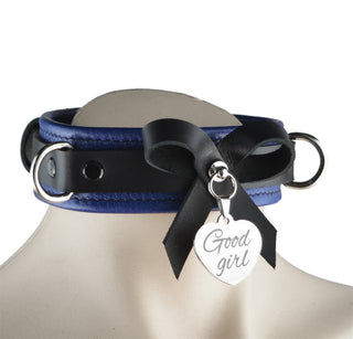 Dark Blue Leather Bow Collar With Custom Engraved Silver Love Heart Pendant and Leash