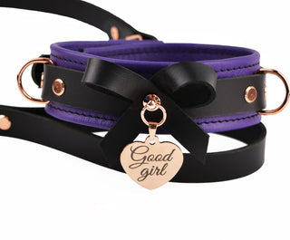 Premium Purple Leather Bow Collar with Custom Engraved Rose Gold Pendant With Leash