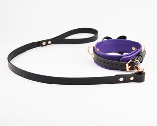 Premium Purple Leather Bow Collar with Custom Engraved Rose Gold Pendant With Leash