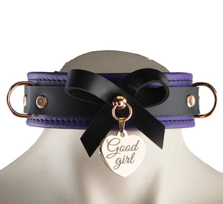 Premium Purple Leather Bow Collar with Custom Engraved Rose Gold Pendant With Leash