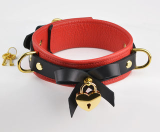 BDSM Red Leather Bow Collar With Gold Lock Pendant and Leash