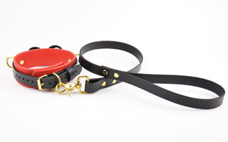 BDSM Red Leather Bow Collar With Custom Engraved Gold Pendant and Leash