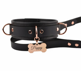 Premium BDSM Black Puppy Leather Collar with Custom Engraved Rose Gold Pendant