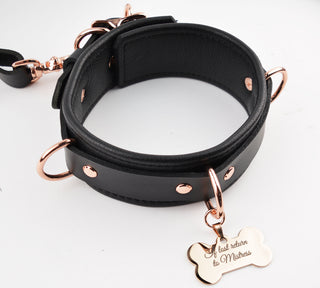 Premium BDSM Black Puppy Leather Collar with Custom Engraved Rose Gold Pendant