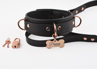 Premium BDSM Black Puppy Leather Collar with Custom Engraved Rose Gold Pendant