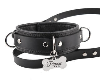 Premium BDSM Black Puppy Leather Collar With Engraved Pendant