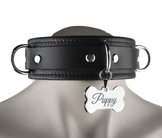 Premium BDSM Black Puppy Leather Collar With Engraved Pendant