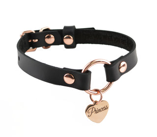 Secret Message Custom Engraved Leather Collar with Rose Gold Love Heart Pendant