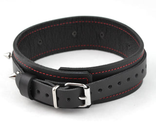 Black Deluxe Spiked Leather Bondage Collar - Red Stitching