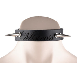 Custom Engraved Black Leather Collar with Spikes – 'Mistress'