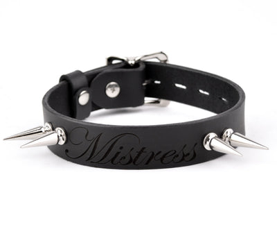 Custom Engraved Black Leather Collar with Spikes – 'Mistress' | BDSM Collar
