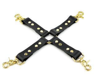 Premium Restraint Set Wrist-Ankle Cuffs And Collar + Cross Connector - Scarlet Red and Gold