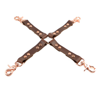 Brown Leather & Rose Gold Restraint Set - Wrist & Ankle Cuffs, Collar, Cross Connector, Snap Hooks & Rose Gold Padlocks
