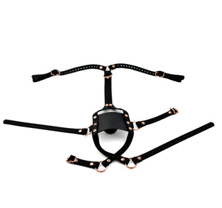 BDSM Gag | Strict Panel Trainer Cross Straps Gag - Black & Rose Gold