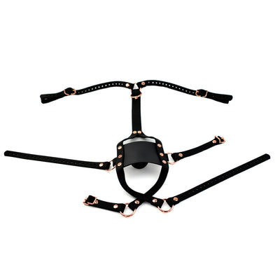 BDSM Gag | Strict Panel Trainer Cross Straps Gag - Black & Rose Gold