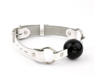 White Leather Premium Single Strap Ball Gag - Black Ball | Mercy Industries