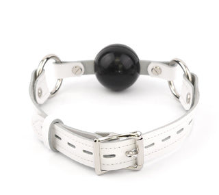 White Leather Premium Single Strap Ball Gag - Black Ball
