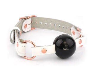 White Leather & Rose Gold Premium Single Strap Ball Gag - Black Ball
