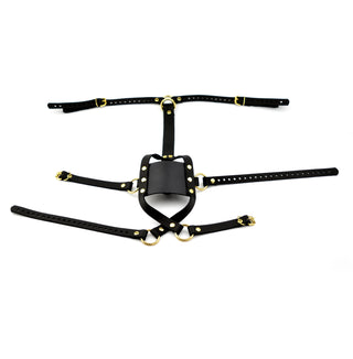 Strict Panel Trainer Cross Straps Gag - Black With Gold Hardware | BDSM Panel Gag