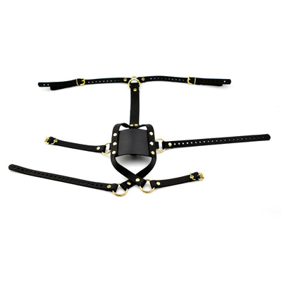 Strict Panel Trainer Cross Straps Gag - Black With Gold Hardware | BDSM Panel Gag