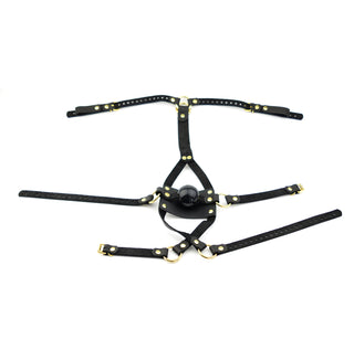 Strict Panel Trainer Cross Straps Gag - Black Leather With Gold Hardware