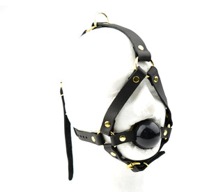 Black Head Harness Ball Gag - Black Ball With Gold Hardware