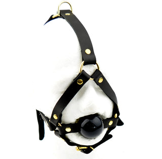 BDSM Gear | Black Head Harness Ball Gag - Black Ball With Gold Hardware
